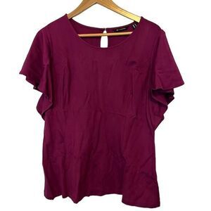 H by Halston Purple Tunic Blouse Cap Flutter Sleeve Keyhole Women's Top